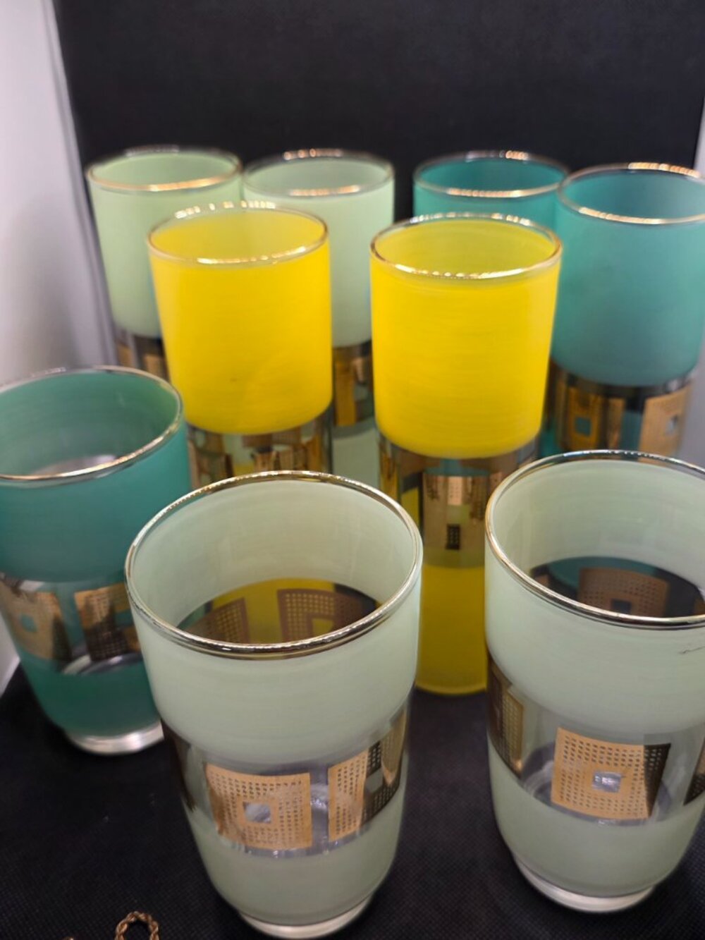 Vintage Frosted Pastel Gold Squares Collins Glasses Set of 9 Mid Century Modern